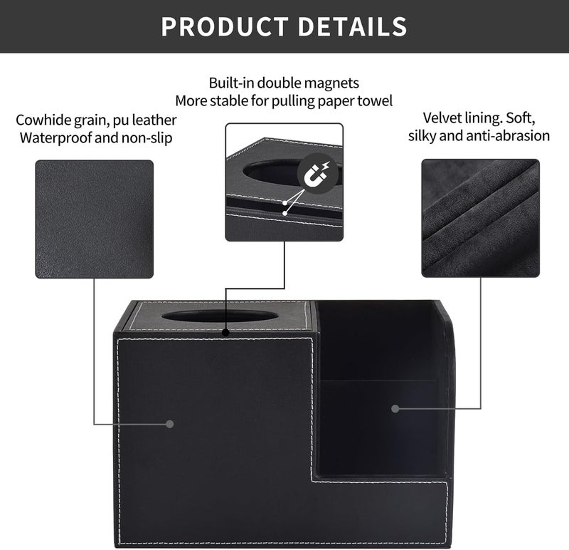 XNONE PU Leather Tissue Box Cover with Storage Square-Multifunctional Tissue Holder,Remote Control Holder,Decorative Tissues Boxes Organizer,Home Office Desktop Storage box,Black - Image 3